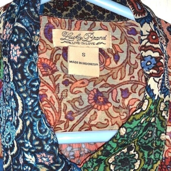 Lucky Brand Womens Sheer Patchwork Button-Up Shirt S Rayon Boho Design - Picture 3 of 10